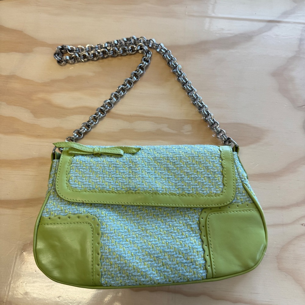 Y2K Nine West Lime Green Tweed Shoulder Bag Silver Chain Strap 2010s Bow Detail